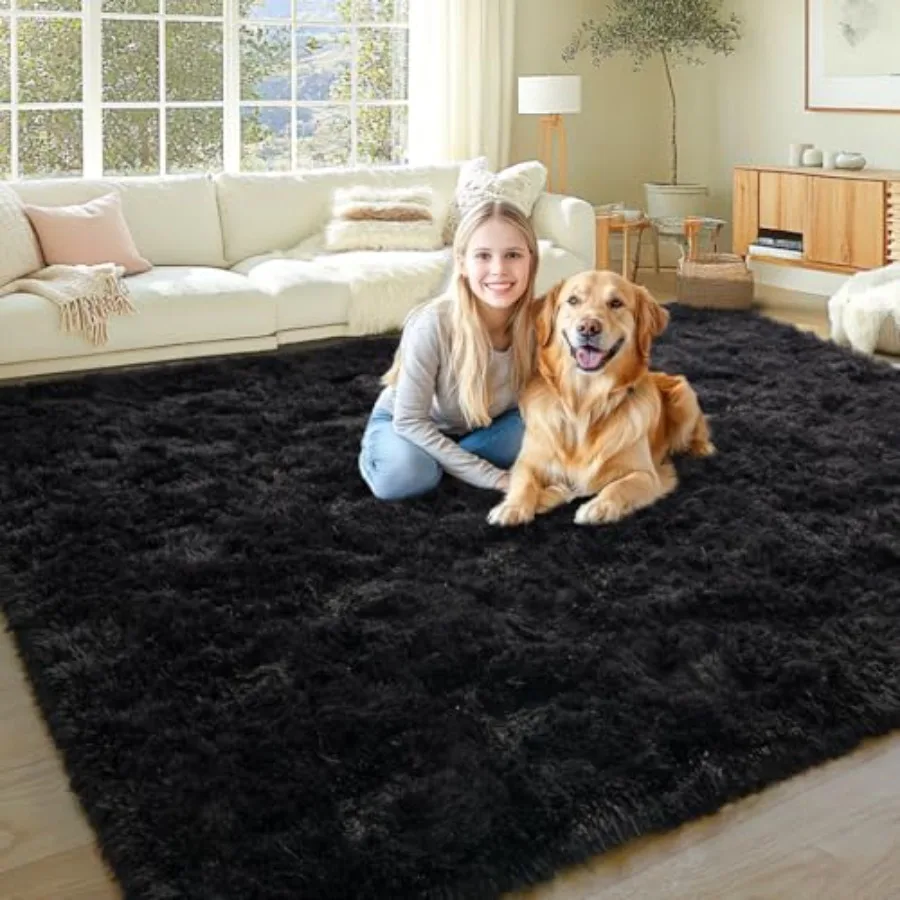

8x10 Area Rugs for Living Room Soft Plush Fluffy Shaggy Fuzzy Furry Large Black Rug AntiSlip Washable Modern Big Floor Carpet f