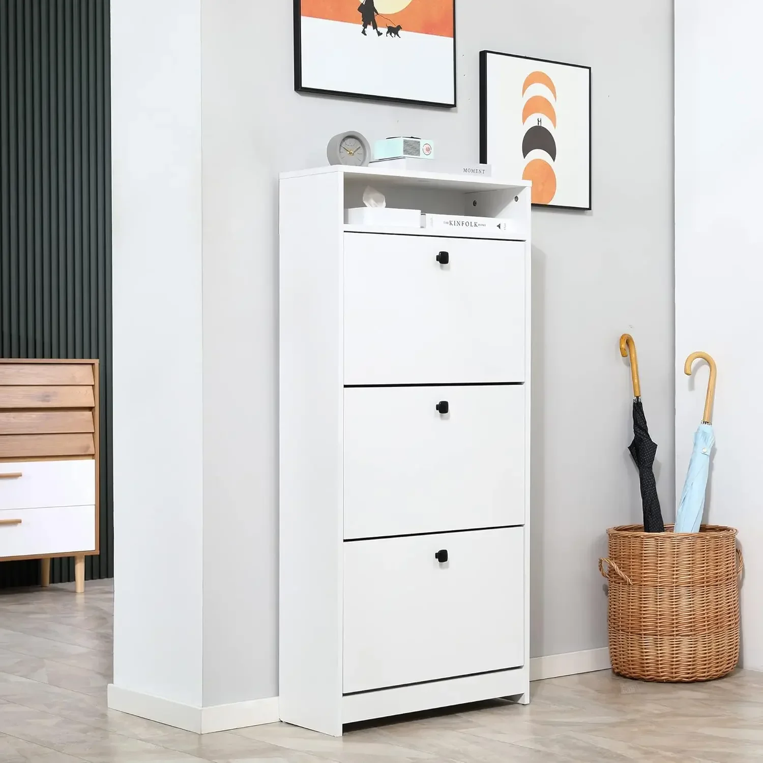 Slim Shoe Cabinet, Trendy Shoe Storage Cabinet with 3 Large Fold-Out Drawers & a Spacious Top Surface