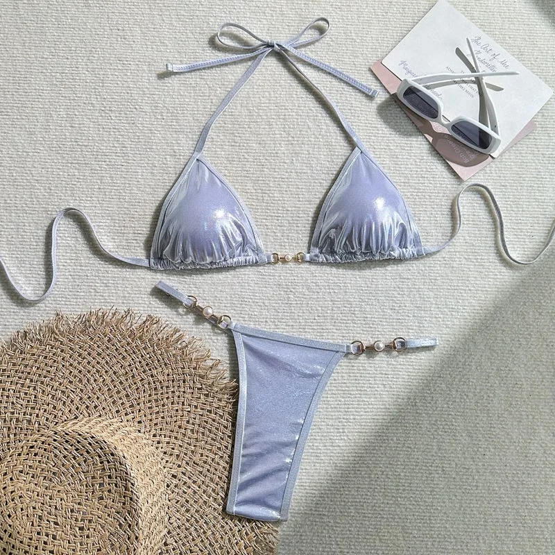 Shiny Pink Micro Bikini 2025 Mujer Women Sexy PU Pearls Push Up Thong Swimsuit Summer Bathing Suit Bandage Holiday Swimwear