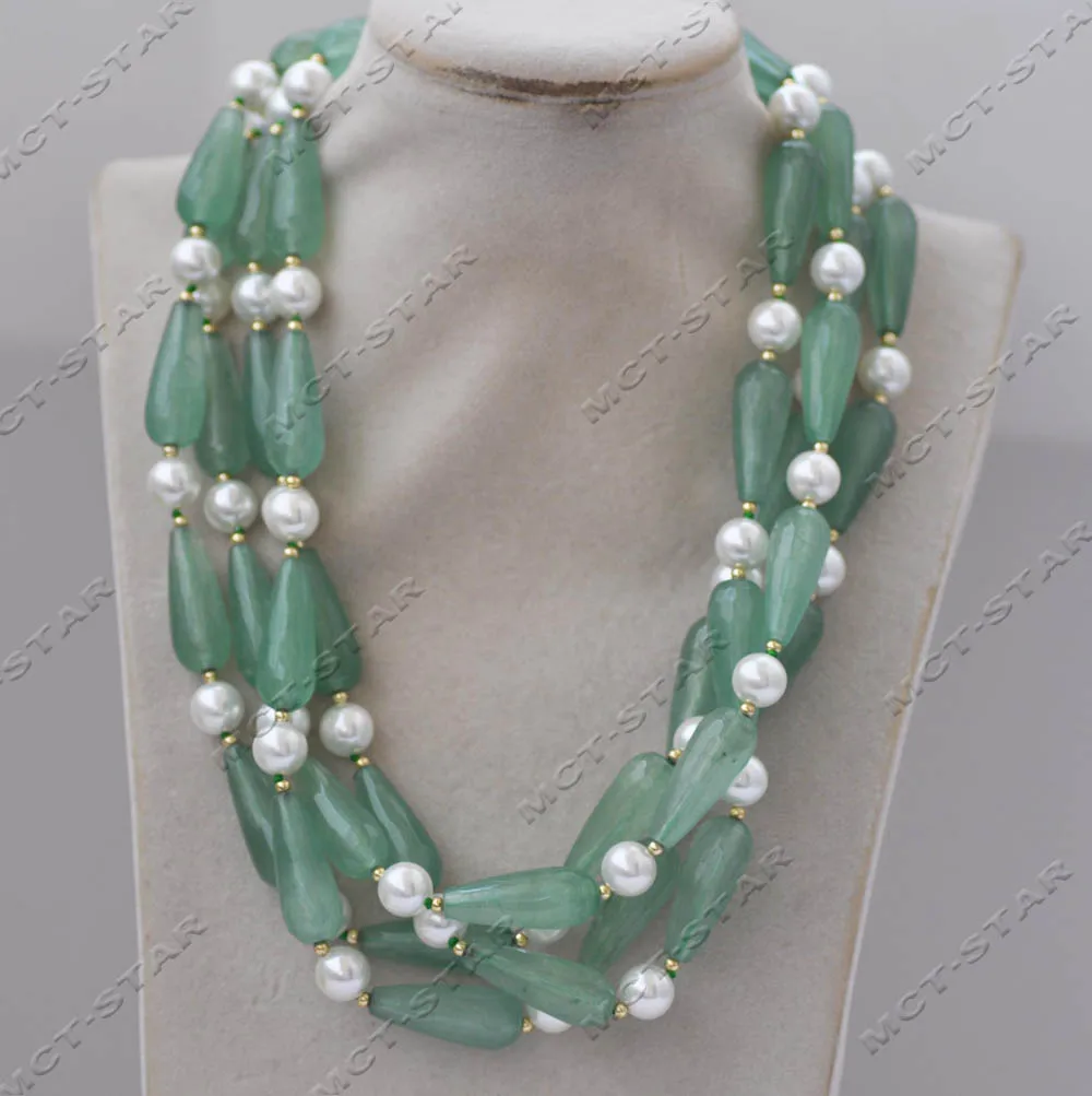 

Z13250 4Row 20" Green Faceted Drop Jade Round White Round Shell Pearl Necklace Custom Jewelry