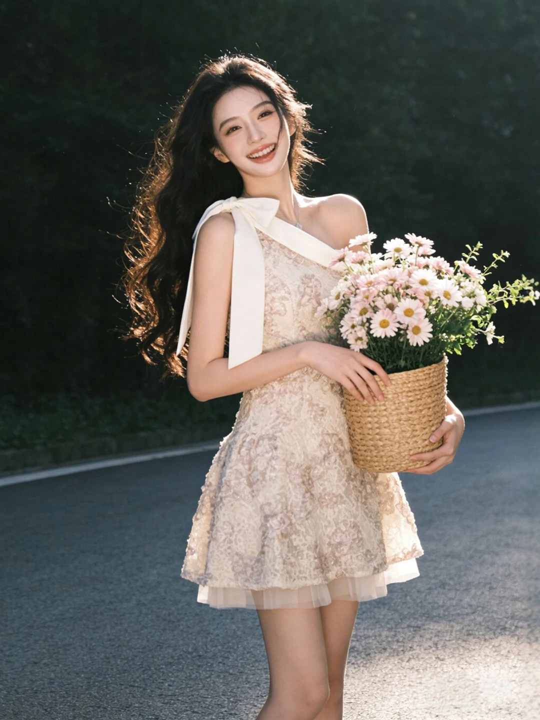 

Retro Gentle Style Short Skirt Slim Fit Puffy Dress Cute Shoulder High Waist Cotton Summer Dress for Girls And Ladies