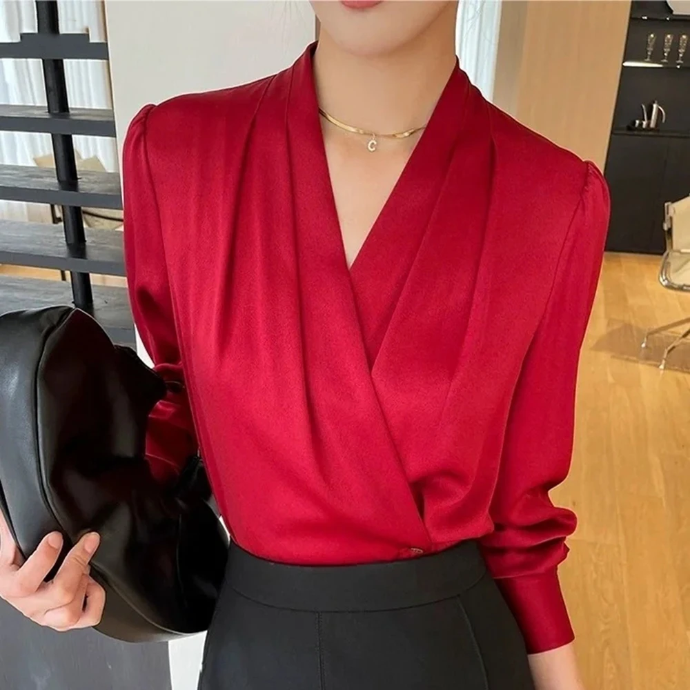 TWOTWINSTYLE Solid Slimming Elegant Shirt For Women V Neck Long Sleeve Casual Minmalist Chic Blouse Female Fashion New Clothing