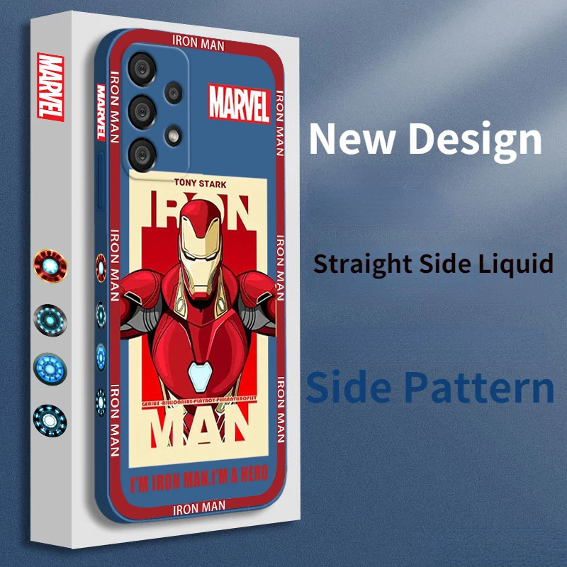 Funda de teléfono con logotipo de Iron Man para Samsung, carcasa con cuerda líquida izquierda, compatible con los vengadores, A73, A53, A33, A52, A32, A71, A51, A21S, A50, A30, 5G