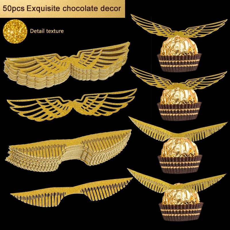 50Pcs Gold Wings Chocolate Decoration Wizard Party Wing Topper Valentine's Day Chocolate Packaging Wedding Candy Cake DIY Decor