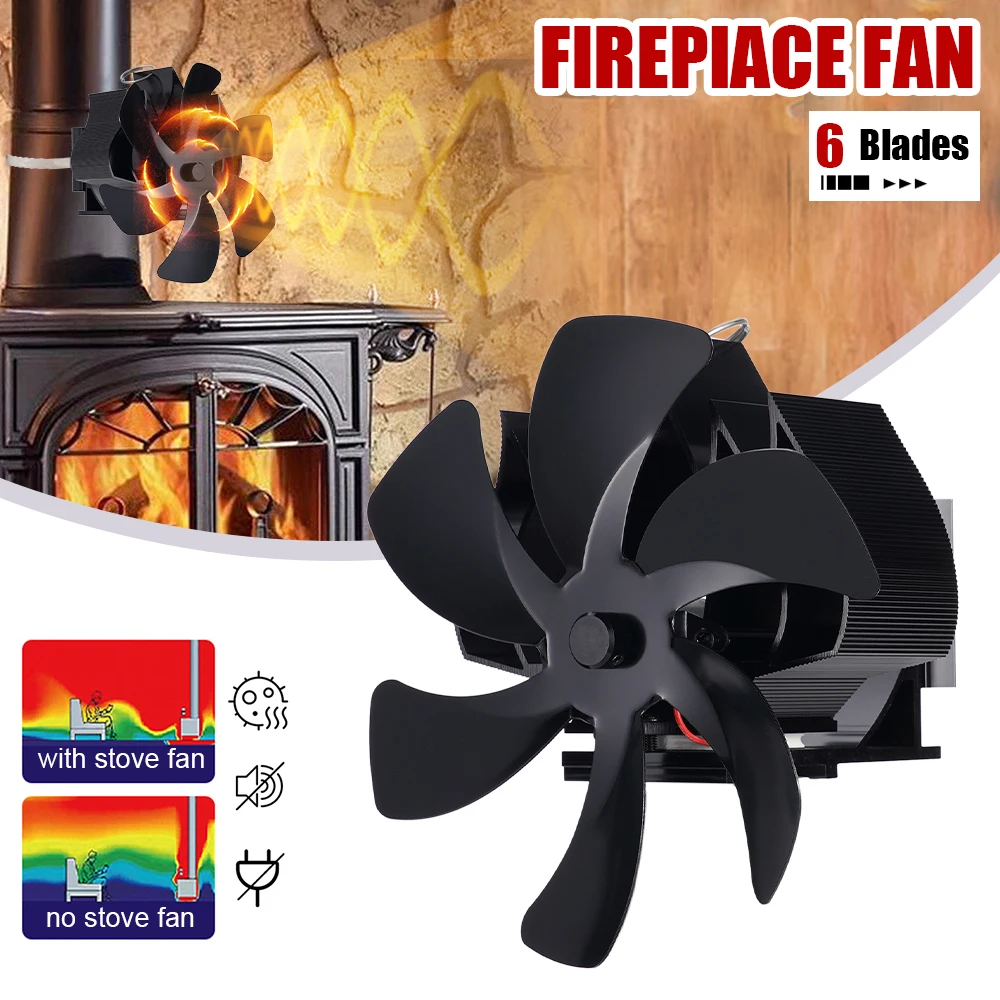 6 Blade Fireplace Fan non-magnetic Heat Powered Stove Fan Efficient Heat Wall-Mounted Quiet Eco-Friendly Portable Heater