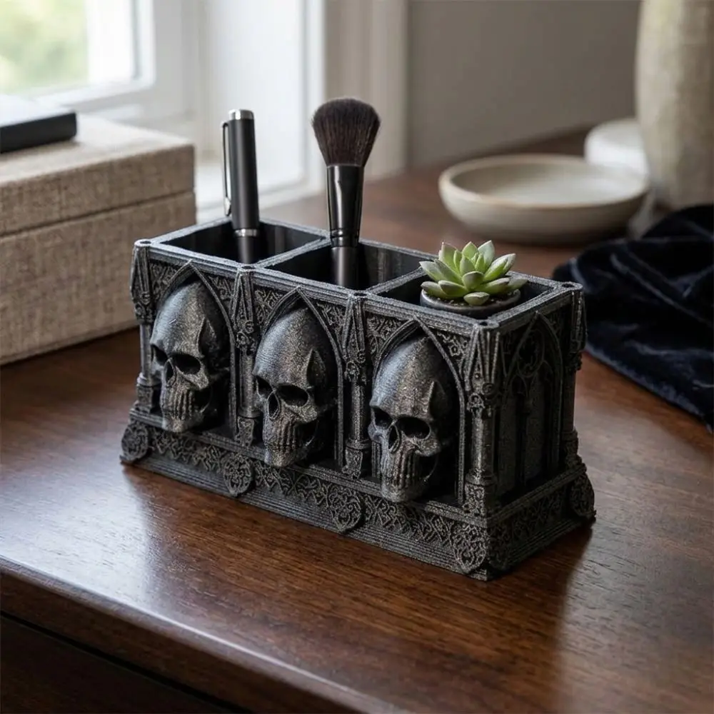 3D Printed Halloween Skull Pen Holder 3-Slot Gothic Style Skull Makeup Brush Box Raised Relief Plastic Skull Desk Organizer