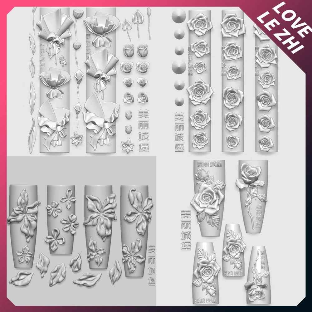 

Silicone Ice Flower Lily Roses Tulip Peonies Hand Bouquet 3D Acrylic Nail Art Mold Accessories Reuse Nails Carving Mold Charms