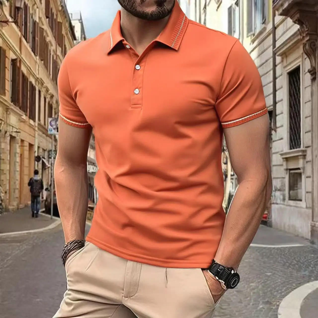 

2025 men's solid color polo shirt with a lapel and short sleeved casual top, versatile for business and daily use