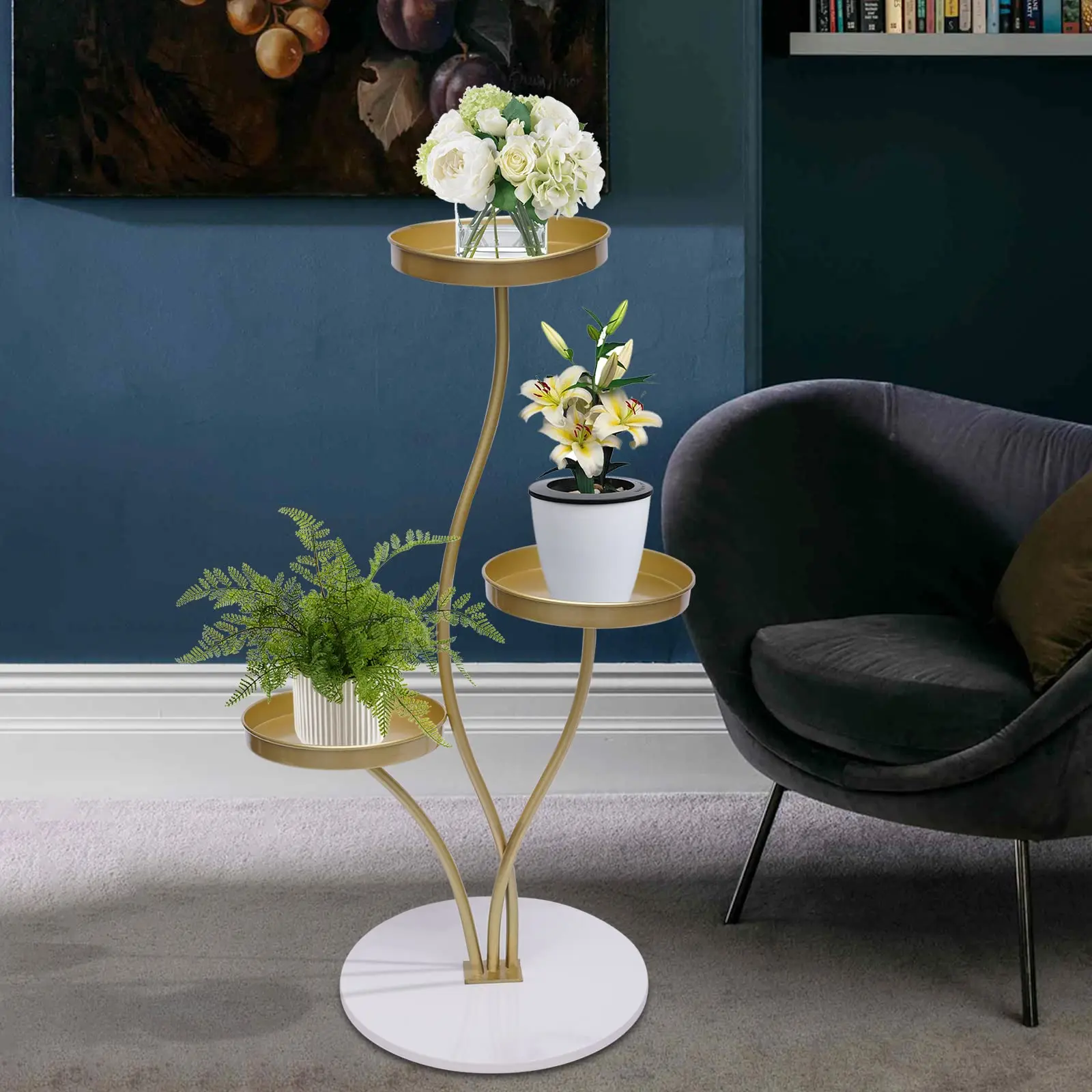 Plant Stand Indoor Outdoor, 3 Tier Metal Tall Shelf Multiple Plant Holders Modern Pedestal Plant for Corner, Living Room, Balcon