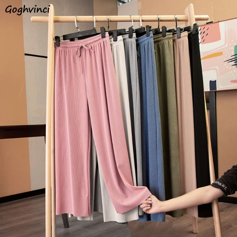 

Pants Women Ice-silk Summer Thin High Waist Korean Fashion Students Drape Loose Fit Straight Trousers Casual Simple Daily Mujer