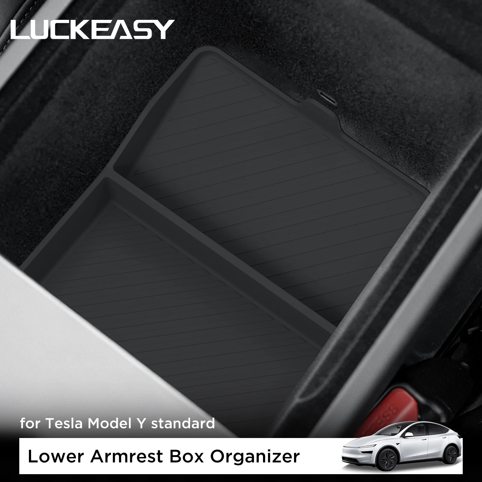 LUCKEASY for Tesla Model Y Juniper Standard RWD 2025 2026 Armrest Storage Box Lower Tray Silicone Organizer Interior Accessories