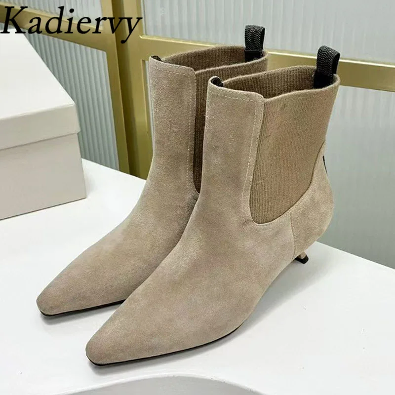 

2025 New Kitten Heels Ankle Boots Women Suede Leather Pointed Toe Runway Shoes Woman String Bead High Heels Short Boots Woman