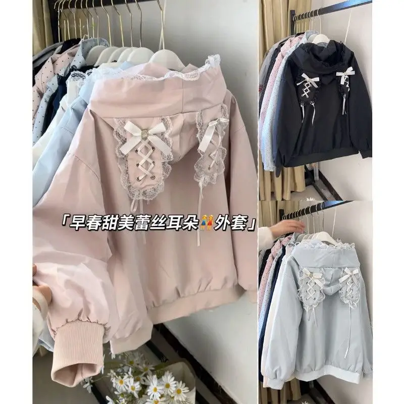 Y2k Frühling Herbst Jacke Neue Preppy Spitze Hasenohren Kapuzen-Oberbekleidung Damen Niedliche Baseball-Jacke Strickjacke Top Harajuku
