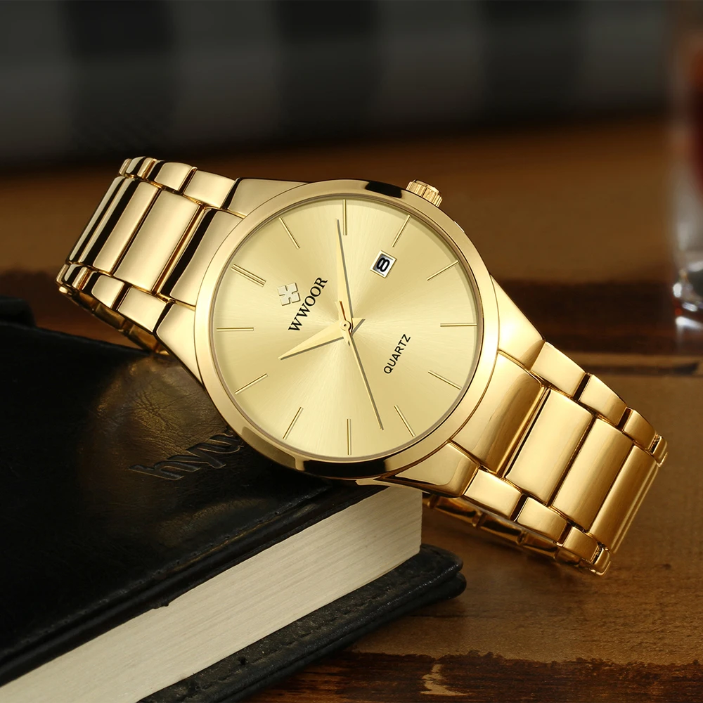 WWOOR Men‘s Watches Gold Original Quartz Wristwatch Waterproof Watch for Male Date Luxury Men Dress Watch Relogio Masculino Gift