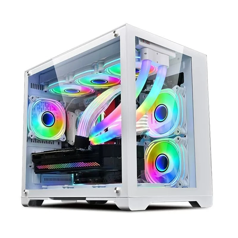 M-ATX Seaview PC Case Without Support Column, 270° Panoramic Panel, Support 360mm Water Cooling, Compatible with ATX Motherboard