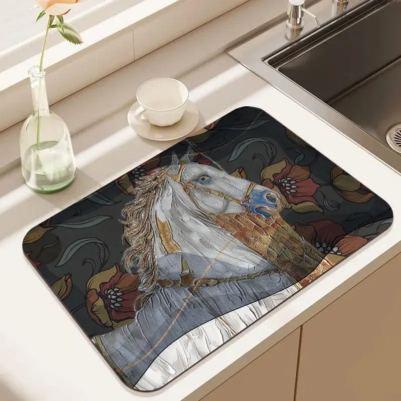VIKAMA European Style Horse Flower Tableware Drainer Mat Absorbent Sink Countertop Mat Quick Dry Kitchen Table Home Decor