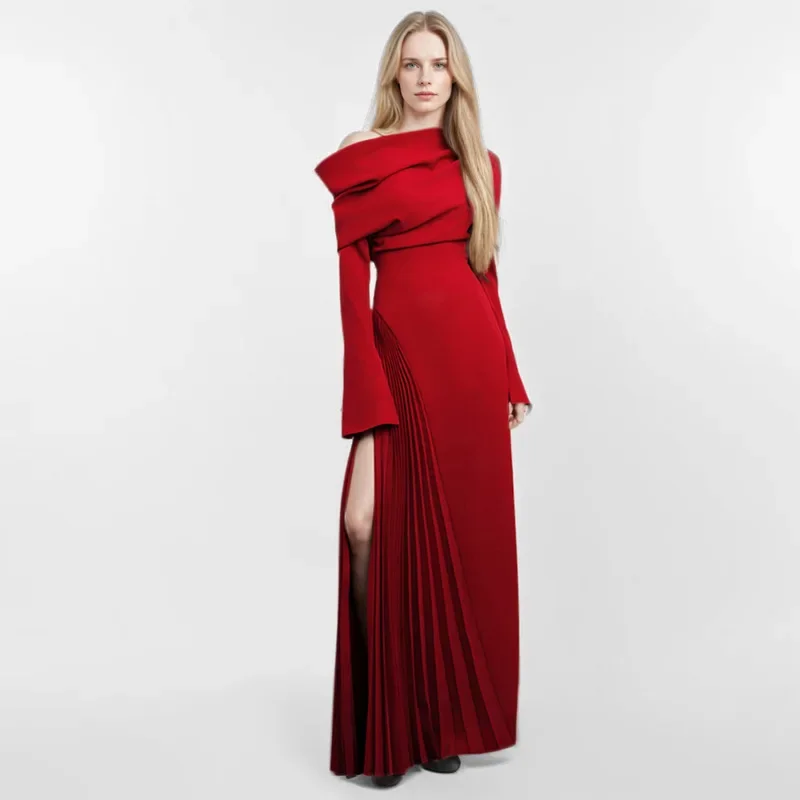 

SuperAen Heavy Industry Pleated Splicing Slits Red Dress Long Dress Women's Irregular Off-Shoulder Slant Neck Long Sleeve Dress