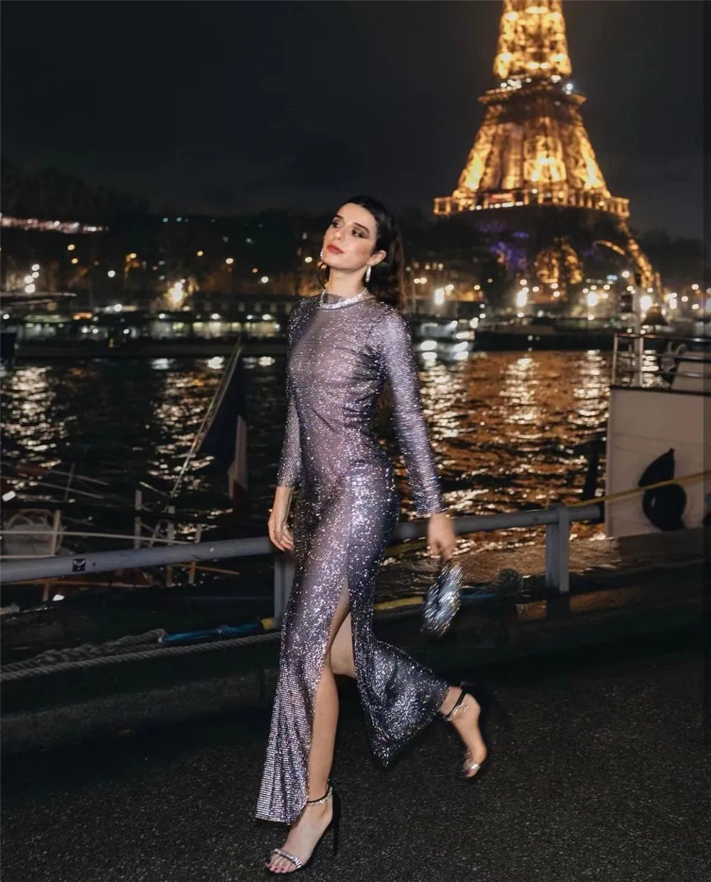 ขนาดสต็อกต่ําราคาElegant Sheerเสื้อและชุดกระโปรงผู้หญิงDiamanteผู้หญิงชุดราตรีเสื้อตาข่ายชุดMaxi