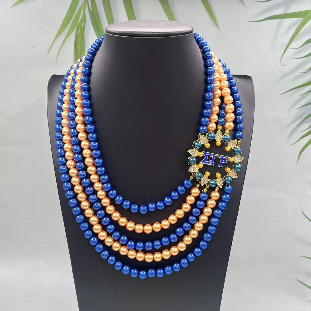 Sigma Gamma Rho Multi Layer Yellow Blue Bead Greek Letter Flower Shaped Charm Necklace