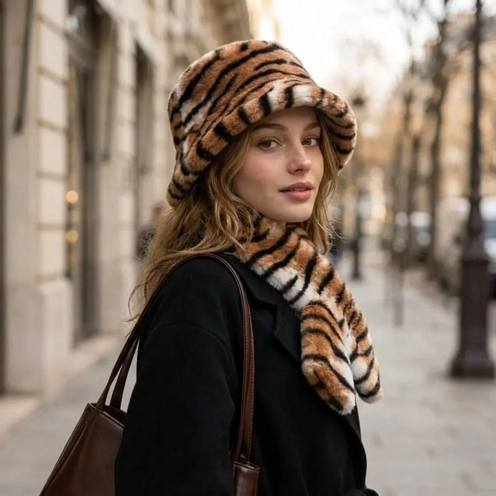 Thick Warm Faux Fur Hat Faux Mink Fur Animal Print Cross-tie Scarf Comfortable Fit Washable Winter Hat Scarf Set Daily Commute