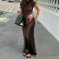 KONDALA Vintage Satin Solid Long Skirts Women High Waist Elastic Silky Skirts Fashion 2025 Spring Elegant Straight Skirts - Image 2