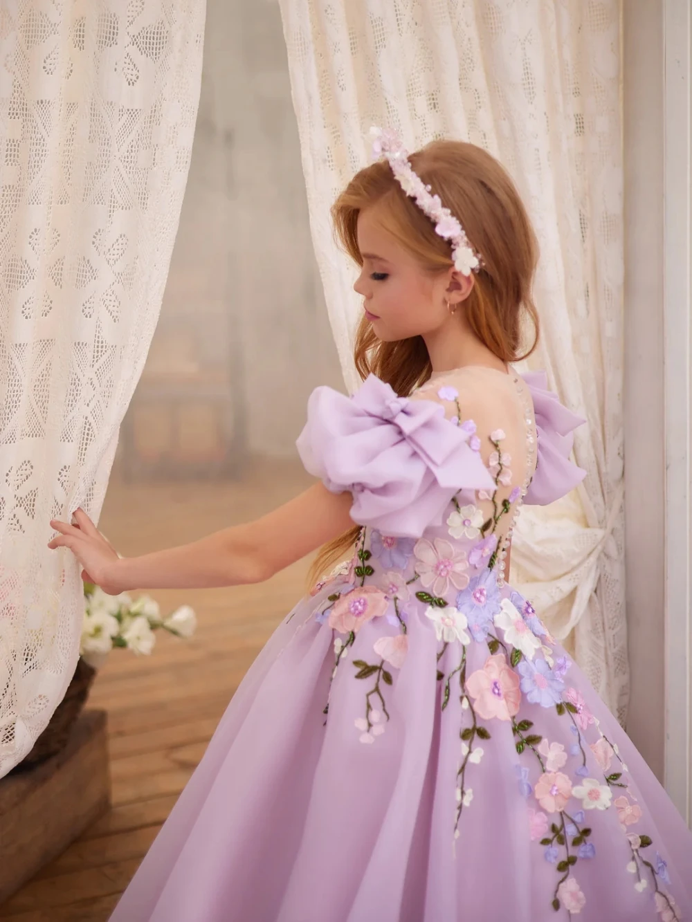 Summer Purple Girls Dresses Lace Appliques A-line Long Dancing Performance Wear 2026 New Romantic Puff Sleeve Kids Princess Gown