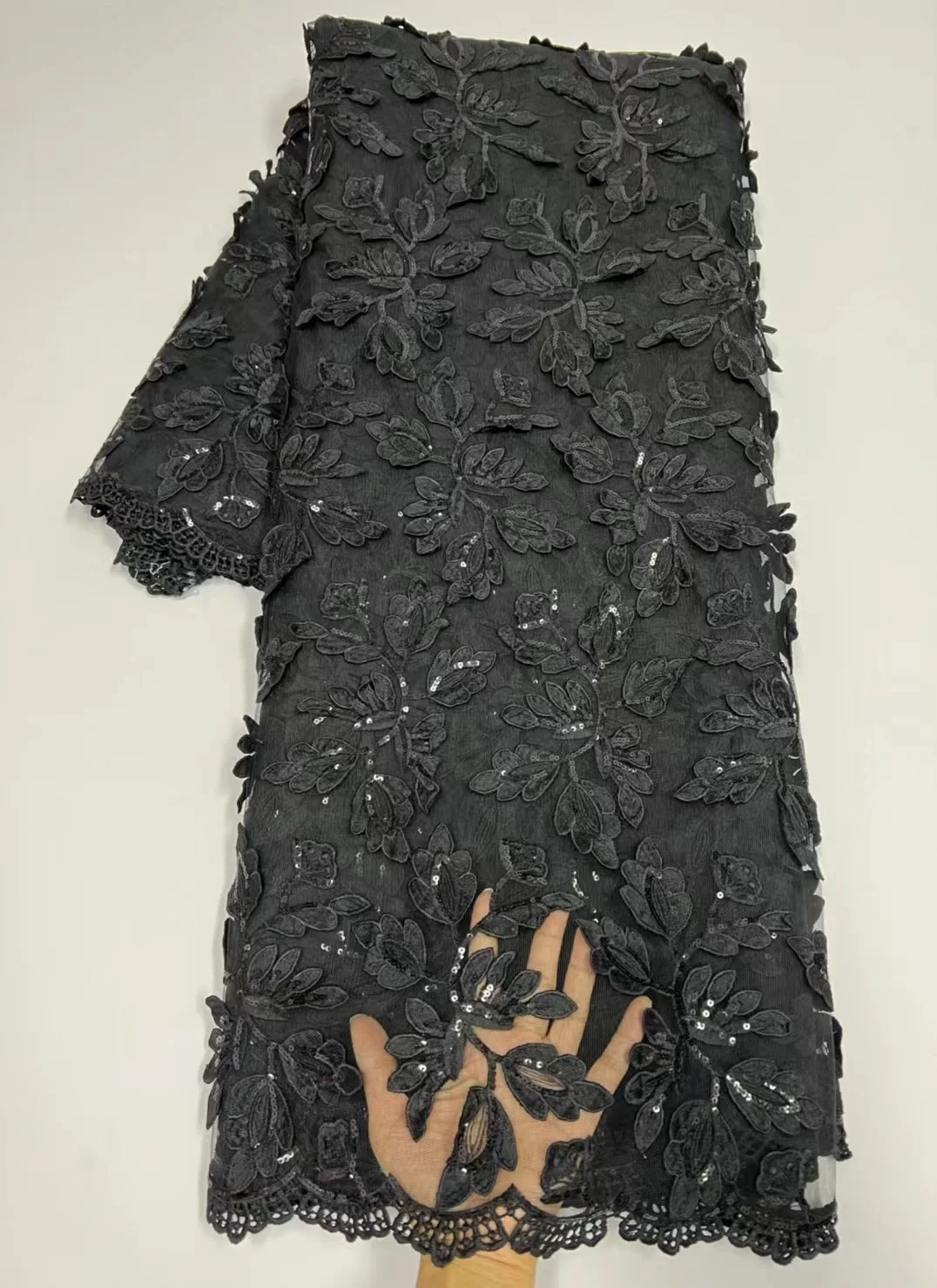 

Black African 3D Lace Fabric With Sequins 2022 High Quality French Nigerian Lace Fabric For Wedding Party Dress Sewing KR22005