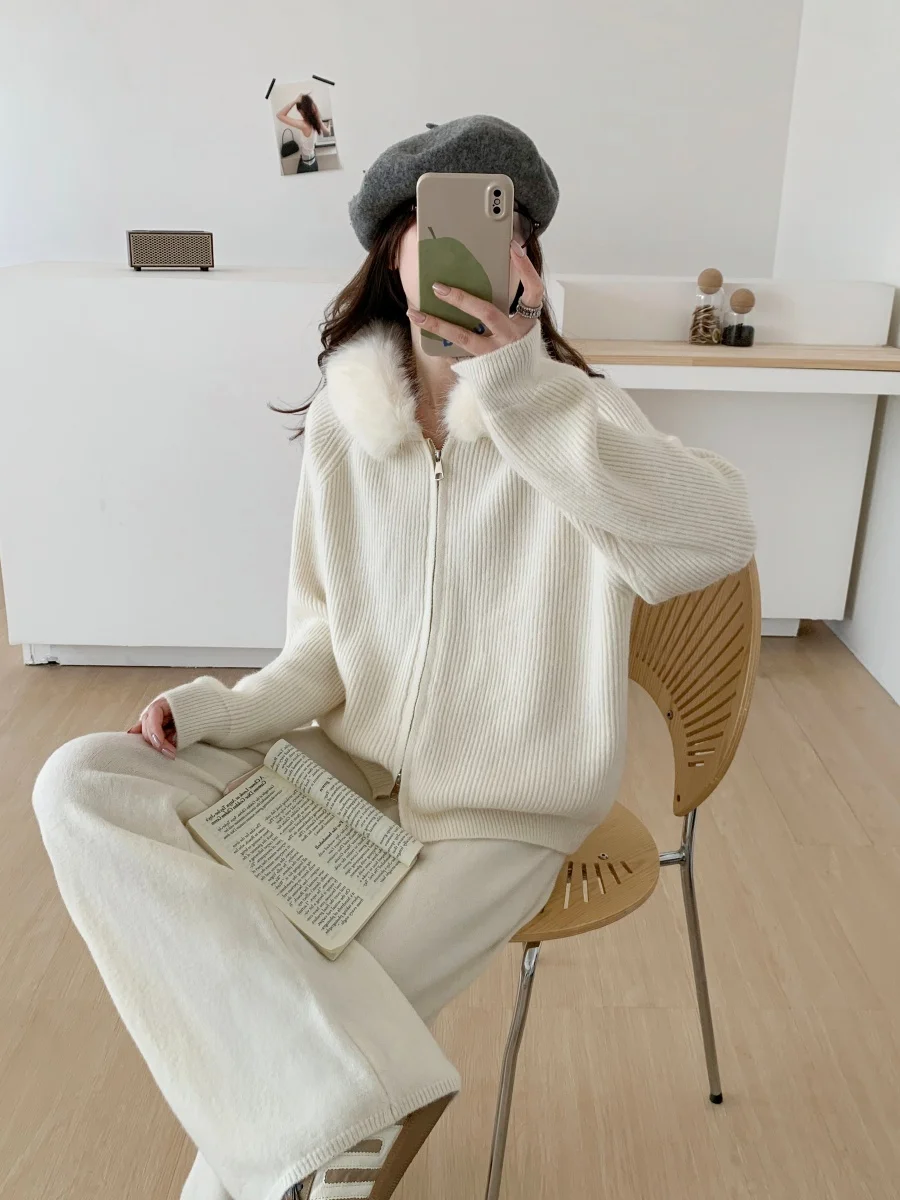 Early Autumn 2026 Women's Knitted Zipper Hooded Coat And Long Pants Loose Fashionable Two-Piece Set High Waist Pure Color