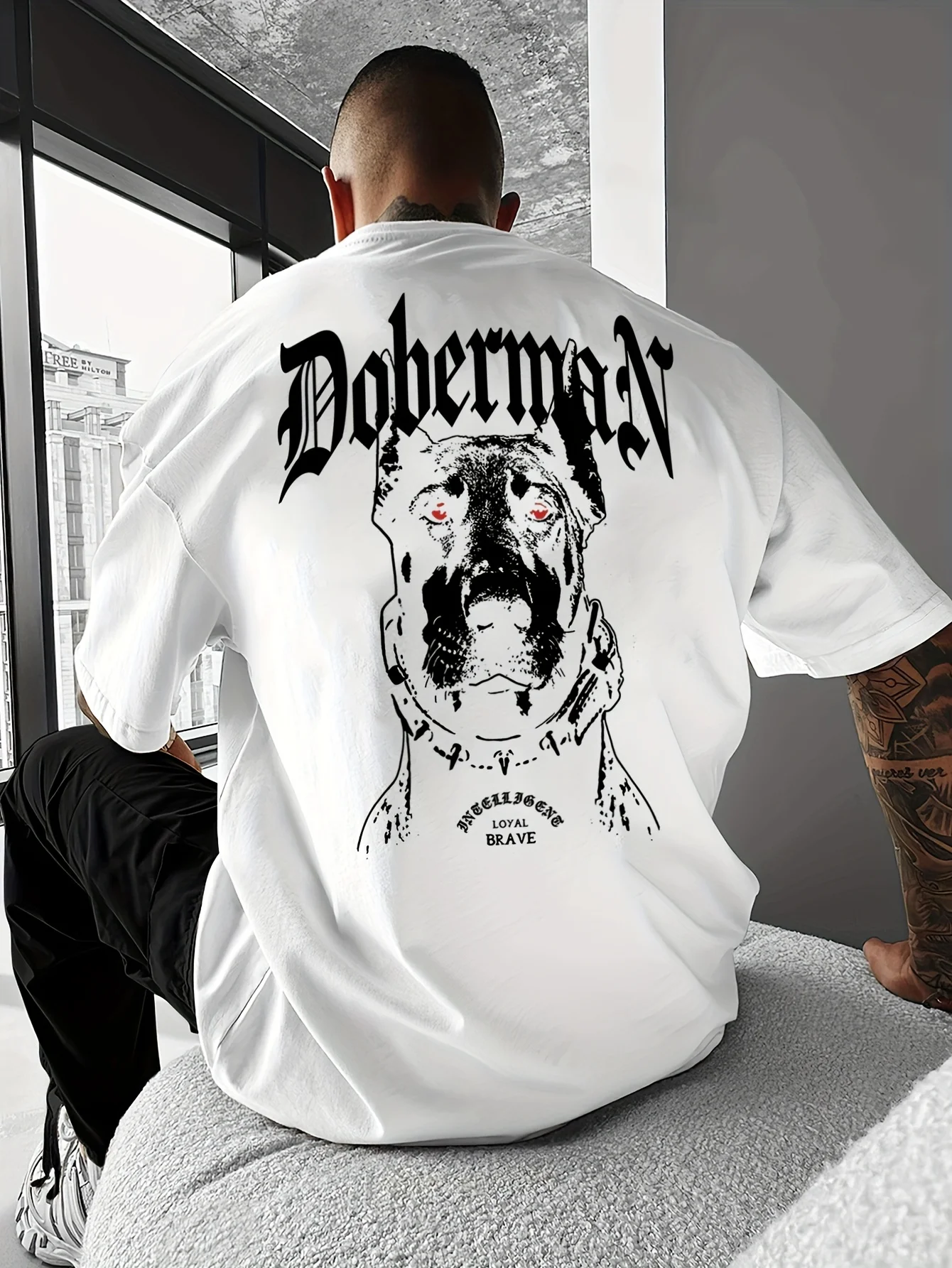 Y2K style crew-neck T-shirt with Doberman pattern design, loose T-shirt, new for autumn, breathable and comfortable