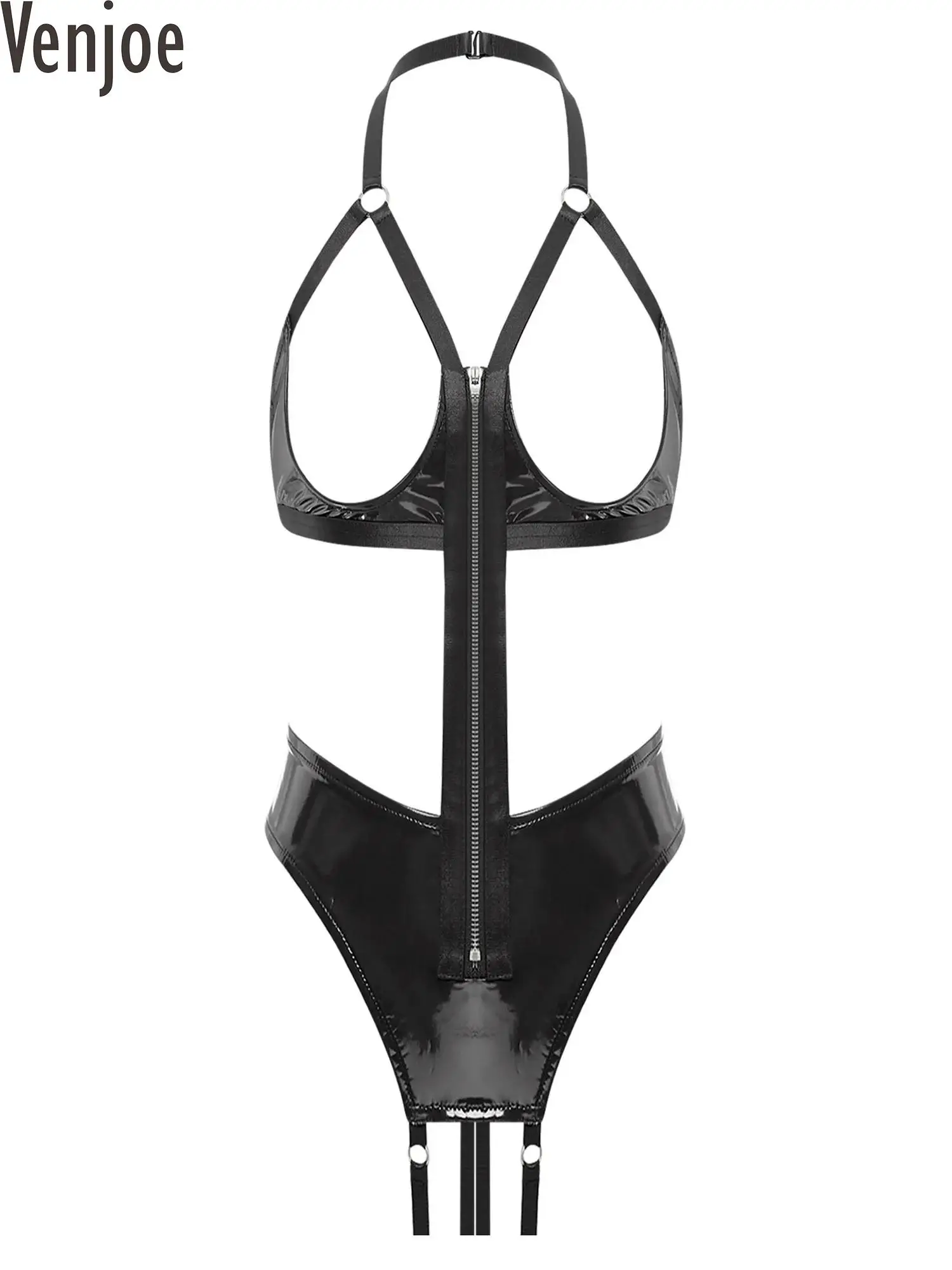 

Женское блестящее кожаное нижнее белье, боди с лямкой на шее, вкусный ажурный комбинезон без чашек, озорной комбинезон Rave Club, праздничная одежда