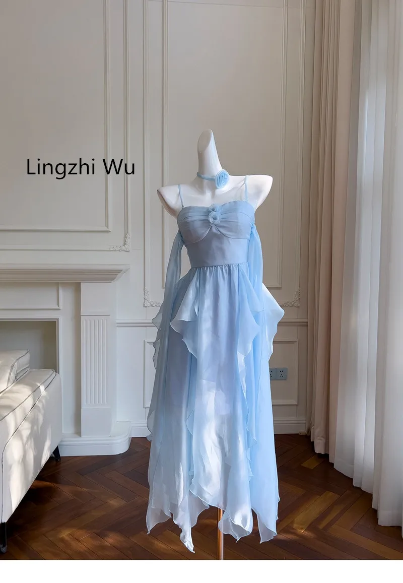 Lingzhi Wu French Elegant Three-Dimensional Flower Formal Long Dress Gentle Sea Beach Holiday Spaghetti Strap Vestidos Summer