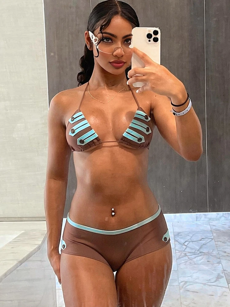 

Kliou Metal Button 2 Piece Set Woman Lace-Up Halter Backless Bra Top+Elastic Waist Shorts Vacation Beach Party Style Bikini Suit