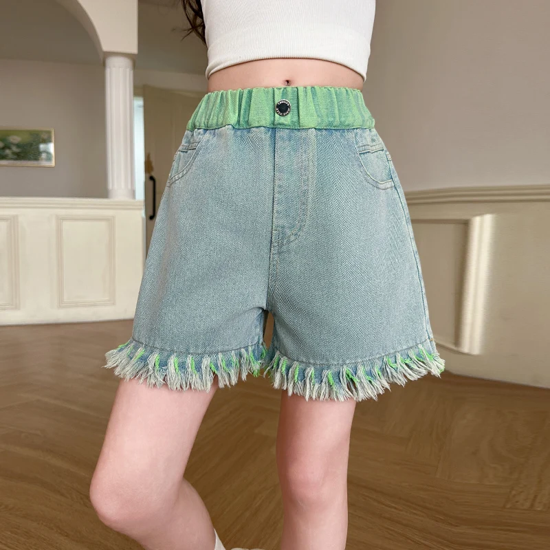 Elegant Kids Child Stylish Summer Mini Denim Shorts with Raw Hem for Teenager Girls Green Elastic Waistband Sexy Street Shorts