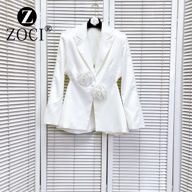 [ZOCI] Nan You Feng slim fit back hollow pearl flower decoration splicing long sleeved lapel suit jacket women