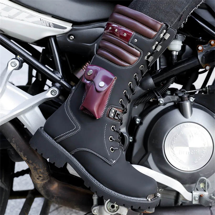 

New Mens Big Size Motorcycle Boots PU Leather High Top Work Boots Platform Sole Outdoor Lace-up Biker Footwear Punk Gothic Boots