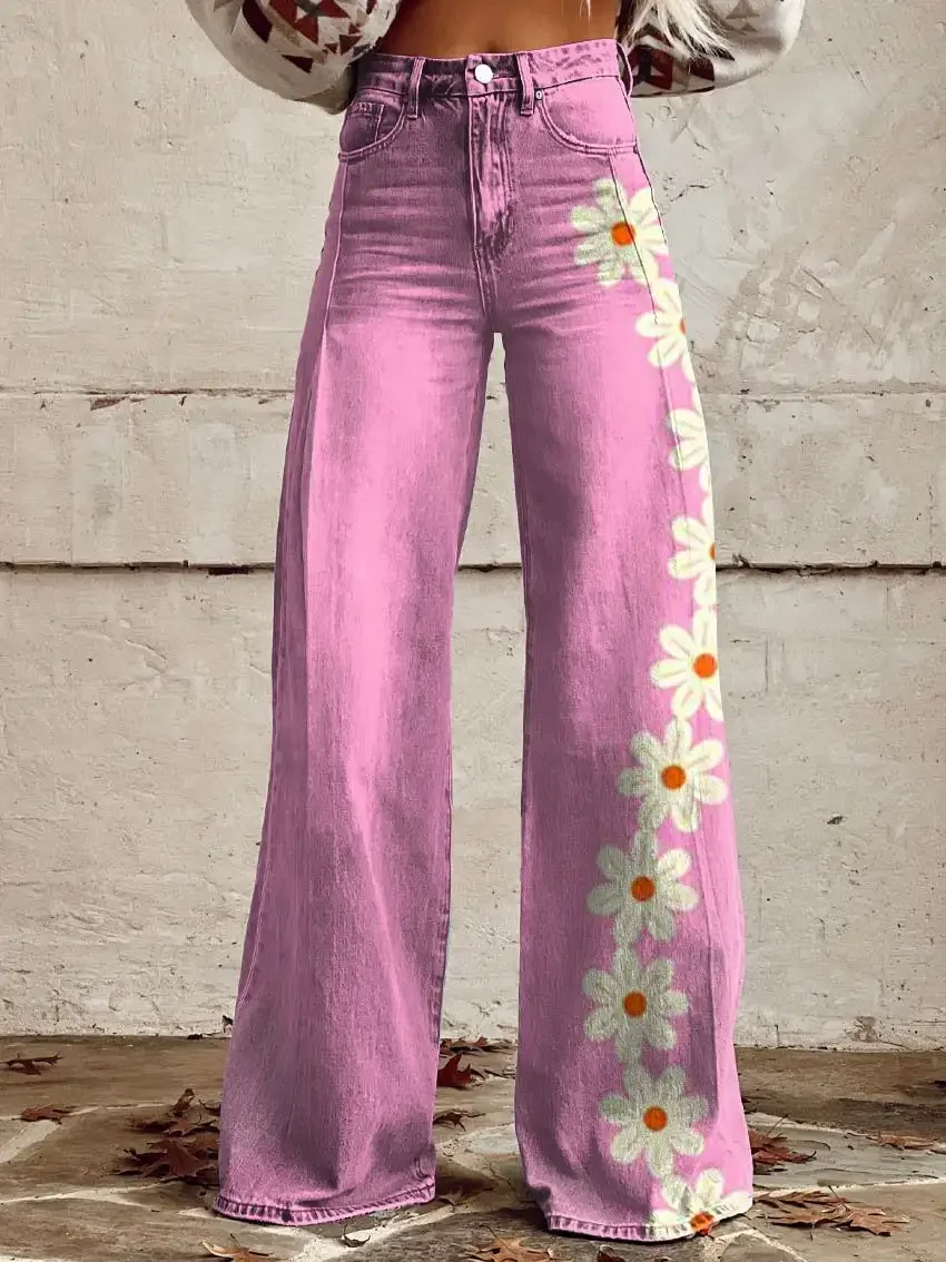 Street Fashion Niche Women's Pants 3D Printed Pink Striped Jeans Women's Wide Leg Pants Casual Pants S-3XL