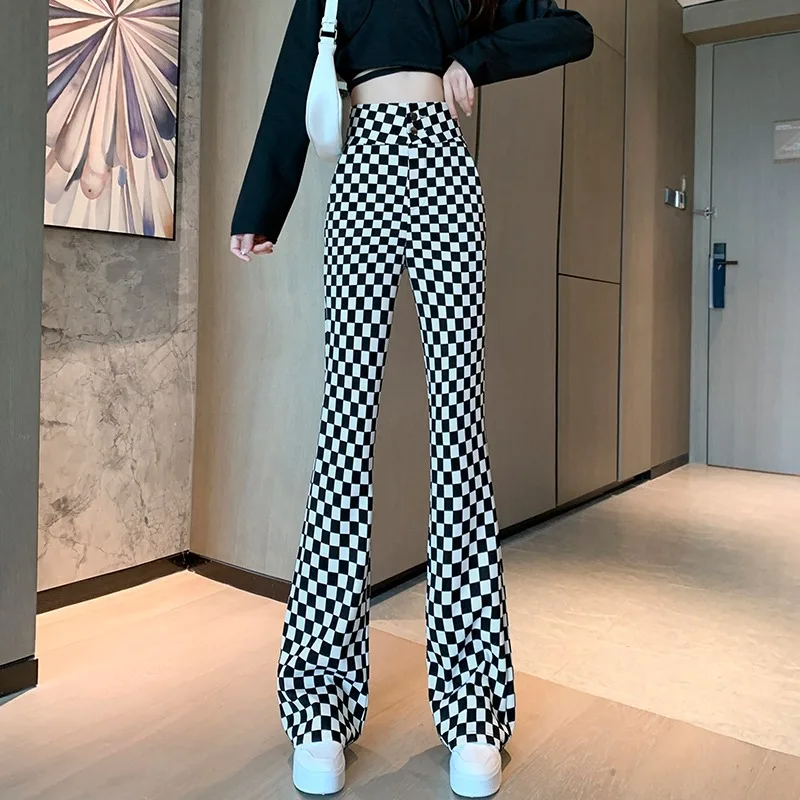 Retro Plaid Vrouwen Rechte Pijpen Casual Drapey Afslanken Hoge Taille Micro Uitlopende Broek Koreaanse Sle Pendelen Wind Lange Broek