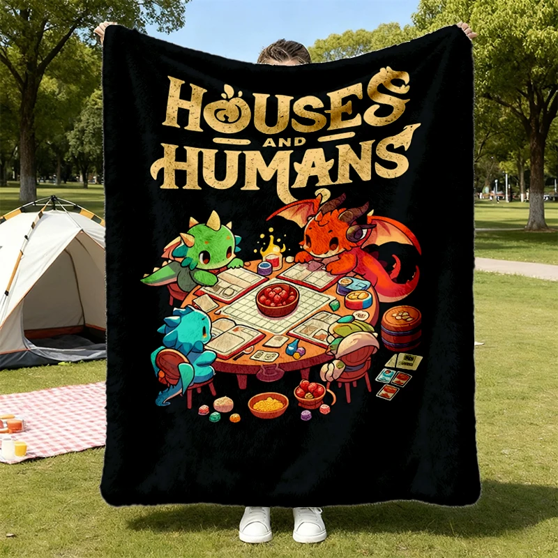 Vintage Houses and Humans D Flannel Blanket: Retro 90s Dragons Unisex Comfy Blanket