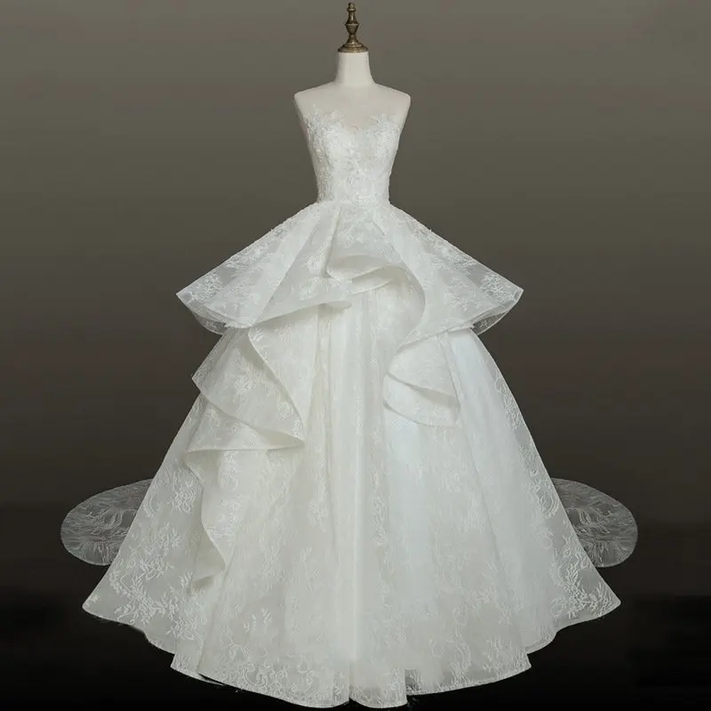 Robe de mariée princesse en dentelle avec train, col rond, jupe à plusieurs niveaux, robe de Rh, robes de patients, image réelle, luxe