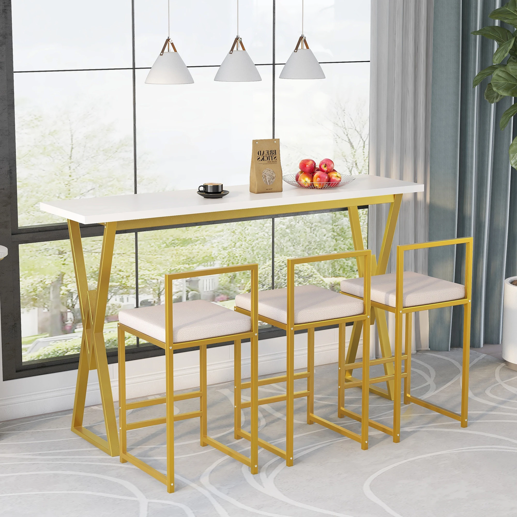 Sleek Modern 4-Piece Counter Height Extra Long Console Bar Dining Table Set in Gold with 3 Padded Stools