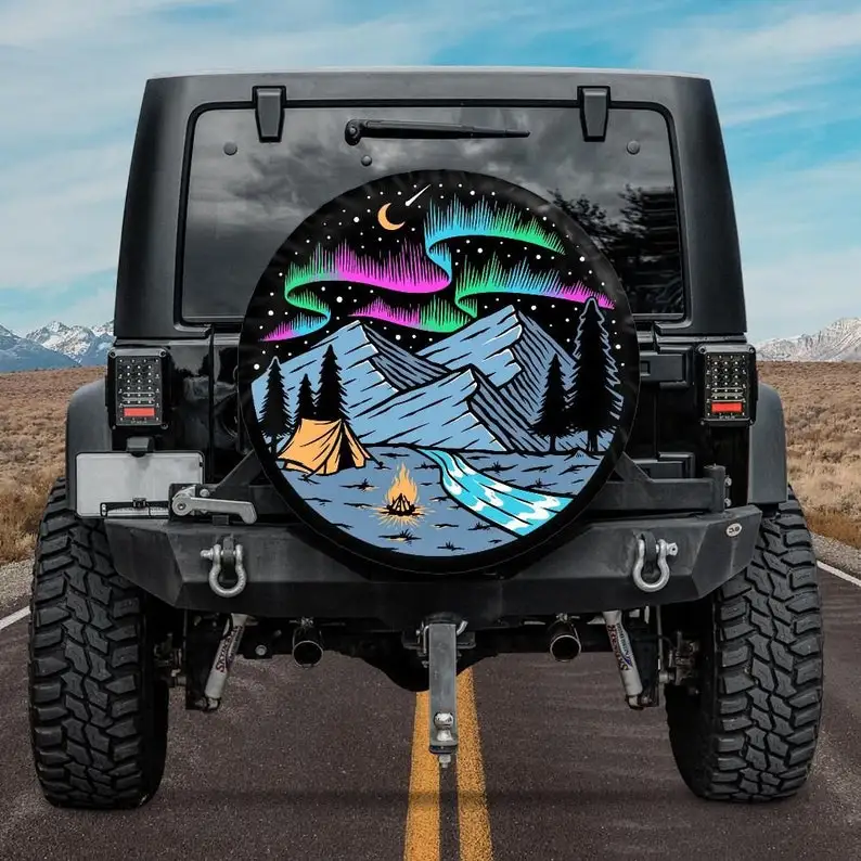 Spare Tire Cover with Night Mountain Camping and Aurora Borealis design, MountainsTire Cover with camera hole, Gift for a