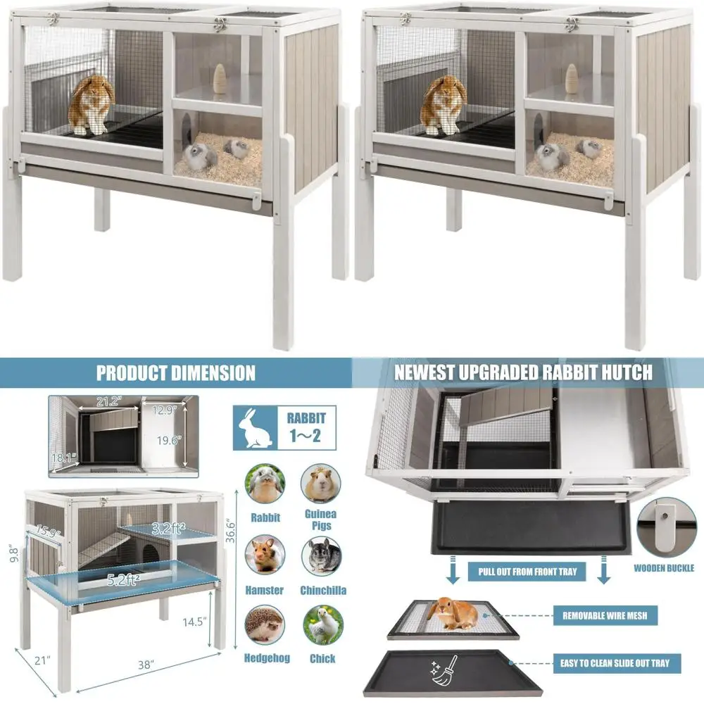 

Деревянный уличный вольер для кроликов высотой 36,6 дюймов с проволочным верхом и выдвижным поддоном для мелких животных, серый