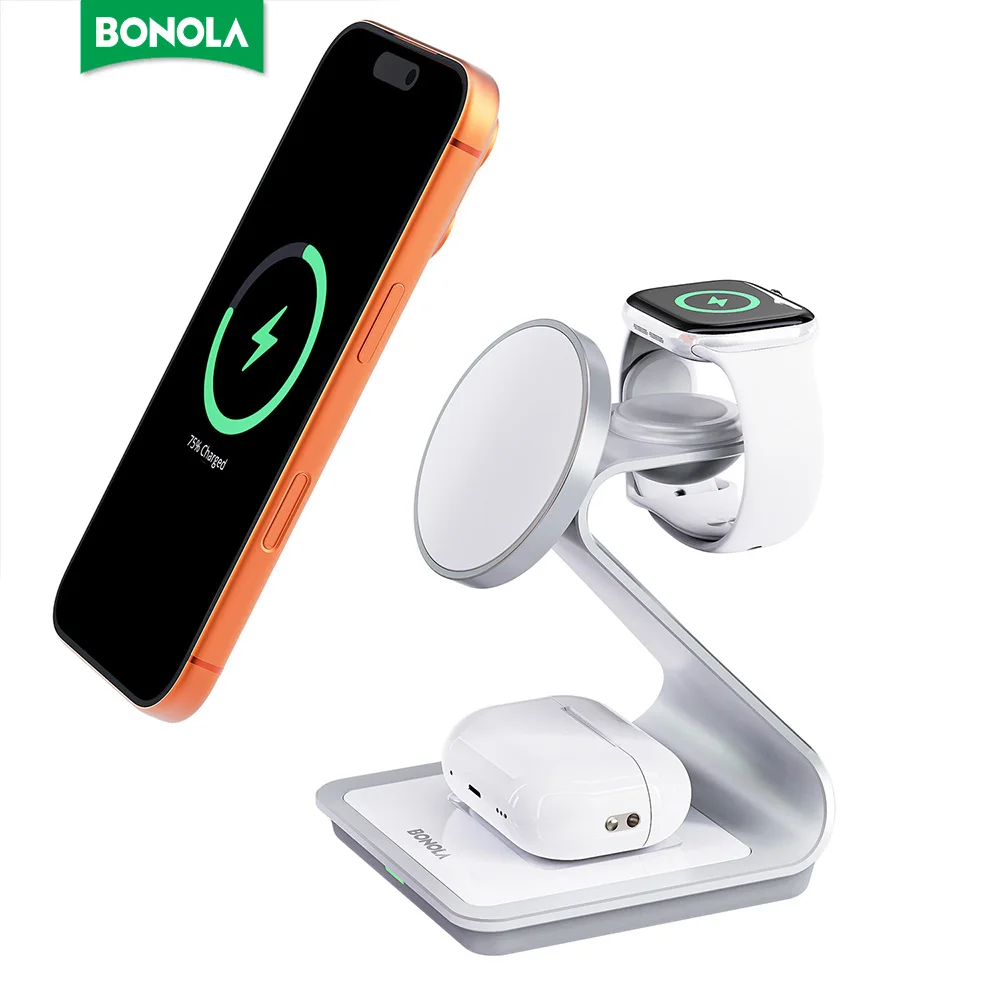 

Магнитное Беспроводное зарядное устройство Bonola 3 в 1 для iPhone 13/14 Pro Max/12 30 Вт, беспроводная зарядная станция для Apple Watch/AirPods Pro