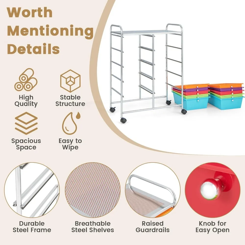 عربة تخزين دوارة مع 10 أدراج للحرف اليدوية، والورق، والصالون، وتنظيم قصاصات الورق