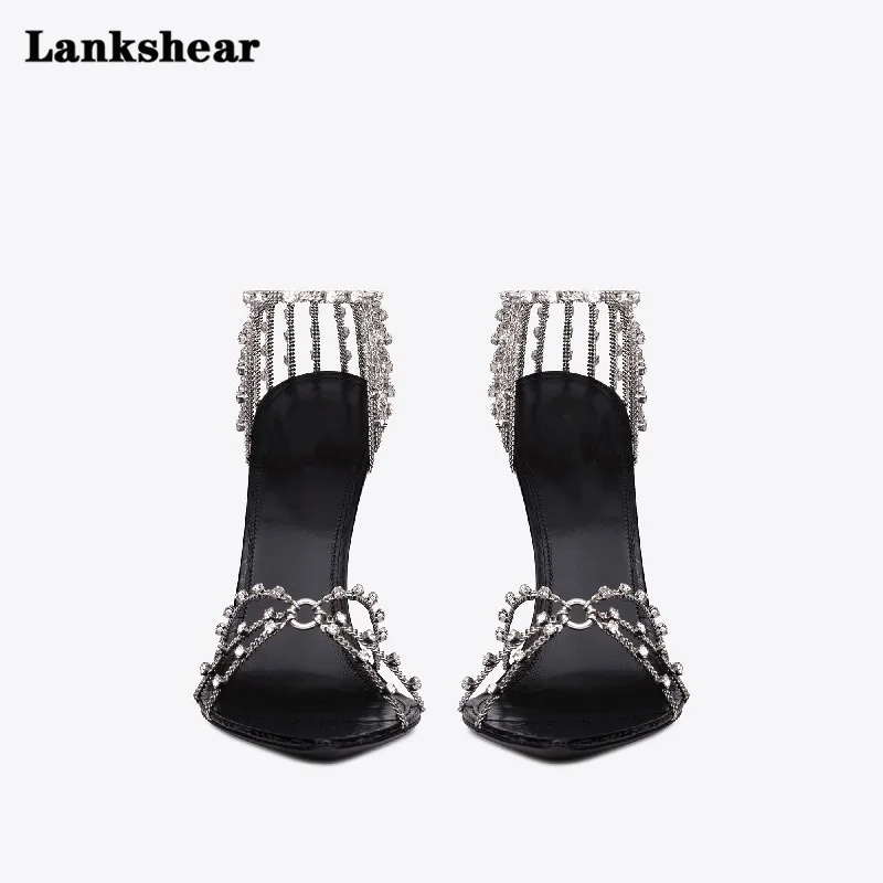 Rhinestones Chains High Heels Sandals for Women Pointy Open-Toe Pumps Crystal Luxury Summer Party Wedding Shoes for Ladies