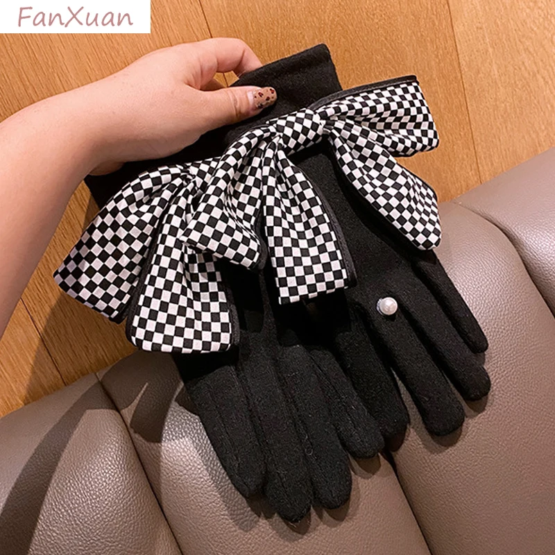 女性用手袋-冬用-ブラック-キャメル-裏地付き-大きなリボン-ボウノット-クラシック-チェック柄