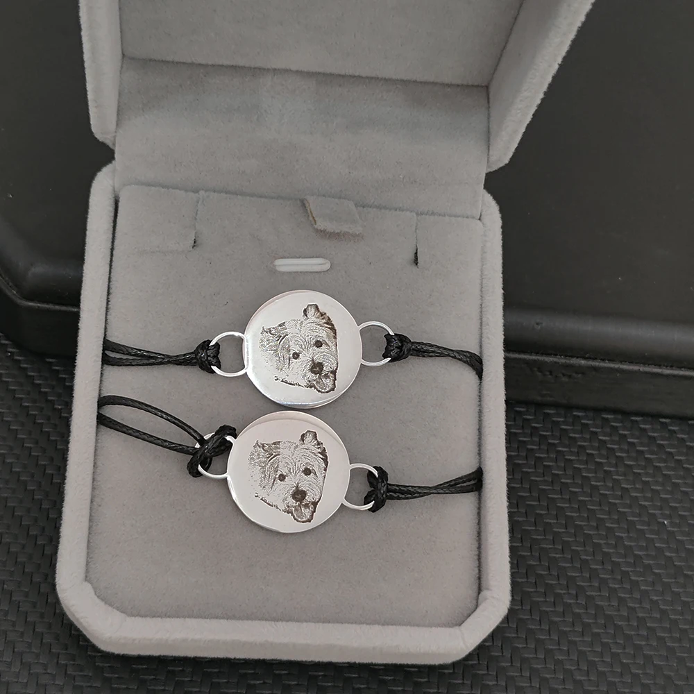 

Custom Pet Photo Engraved Baby Footprint Handprint Adjustable Braided Rope Bracelet Stainless Steel Personalized Mom Gifts