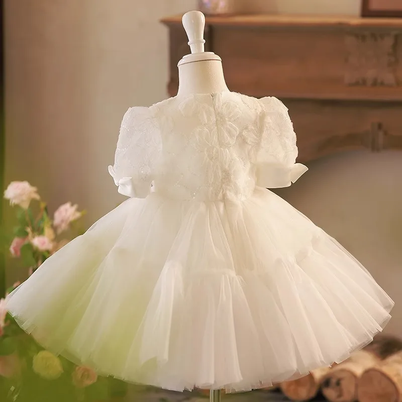 Robe de Bal à Manches Courtes et Paillettes pour Petite Fille, Tenue de Princesse, Élégante, Blanche, avec Nministériels d Bouffant, pour Anniversaire