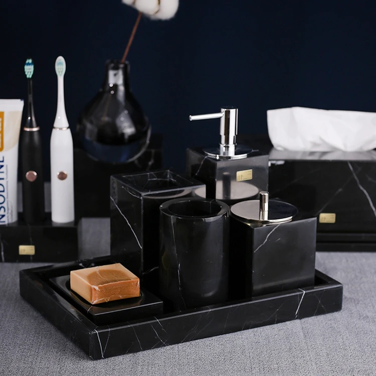 Factory Hot Sale Luxury Marble Accessories Fine polished Easy to clean Black Six-piece Bathroom Set