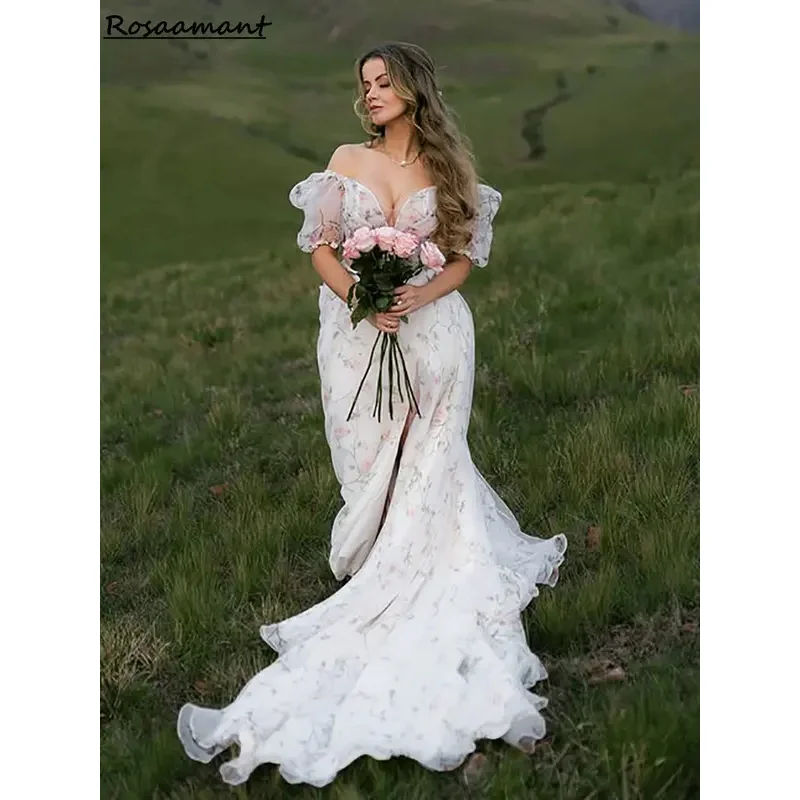 

Floral Printing Sleeveless A-Line Wedding Dresses Off The Shoulder Bridal Gowns Robe De Mariée
